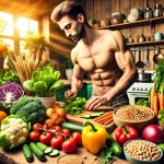 Athlete preparing a nutritious plant-based meal with fresh vegetables and grains.