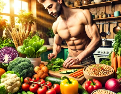 Athlete preparing a nutritious plant-based meal with fresh vegetables and grains.