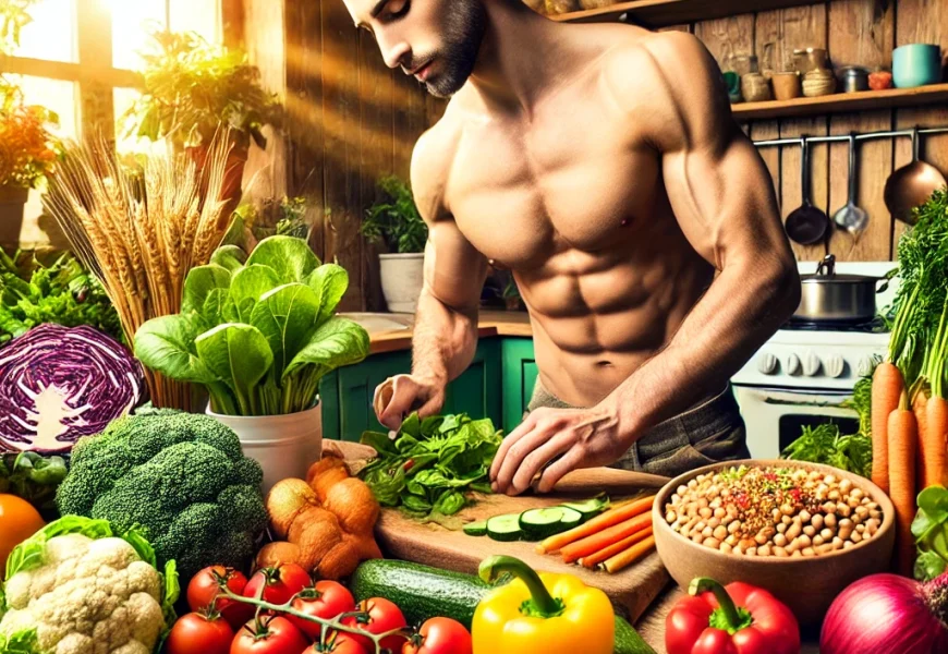 Athlete preparing a nutritious plant-based meal with fresh vegetables and grains.